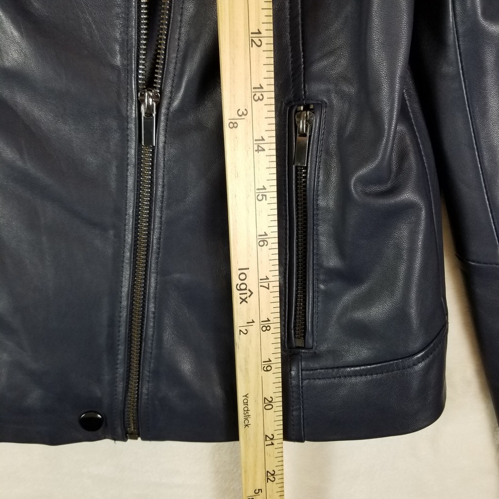 Badgley Mischka Leather‎ Moto Jacket Womens M Navy Blue Asymmetrical Zip Biker - Picture 9 of 11